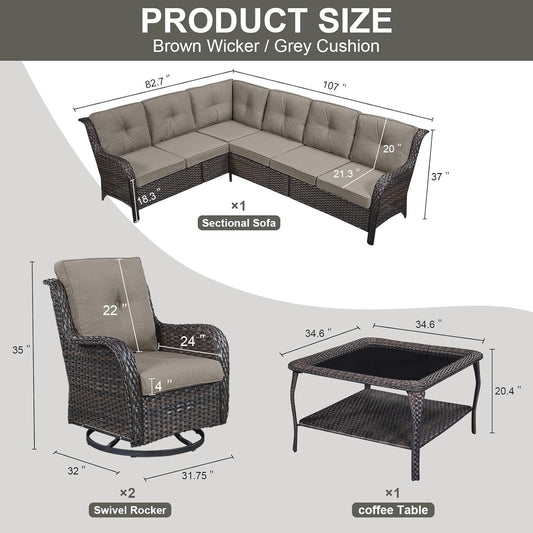 Outdoor Furniture Sectional Sofa L Shaped Couch - Patio Wicker Set with 2 Swivel Glider Chairs, 5 Piece Rattan Patio Conversation Sets with Gray Cushion for Deck Backyard Sunroom