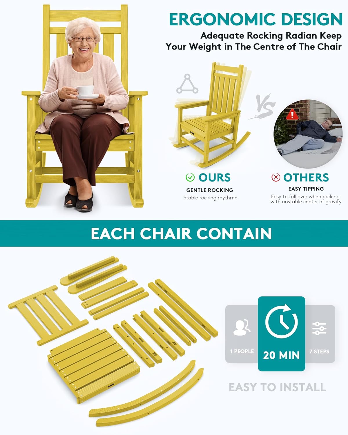 SERWALL HDPE Rocking Chair, Outdoor Rocking Chair for Adults, All Weather Porch Rocker for Lawn Garden, Yellow