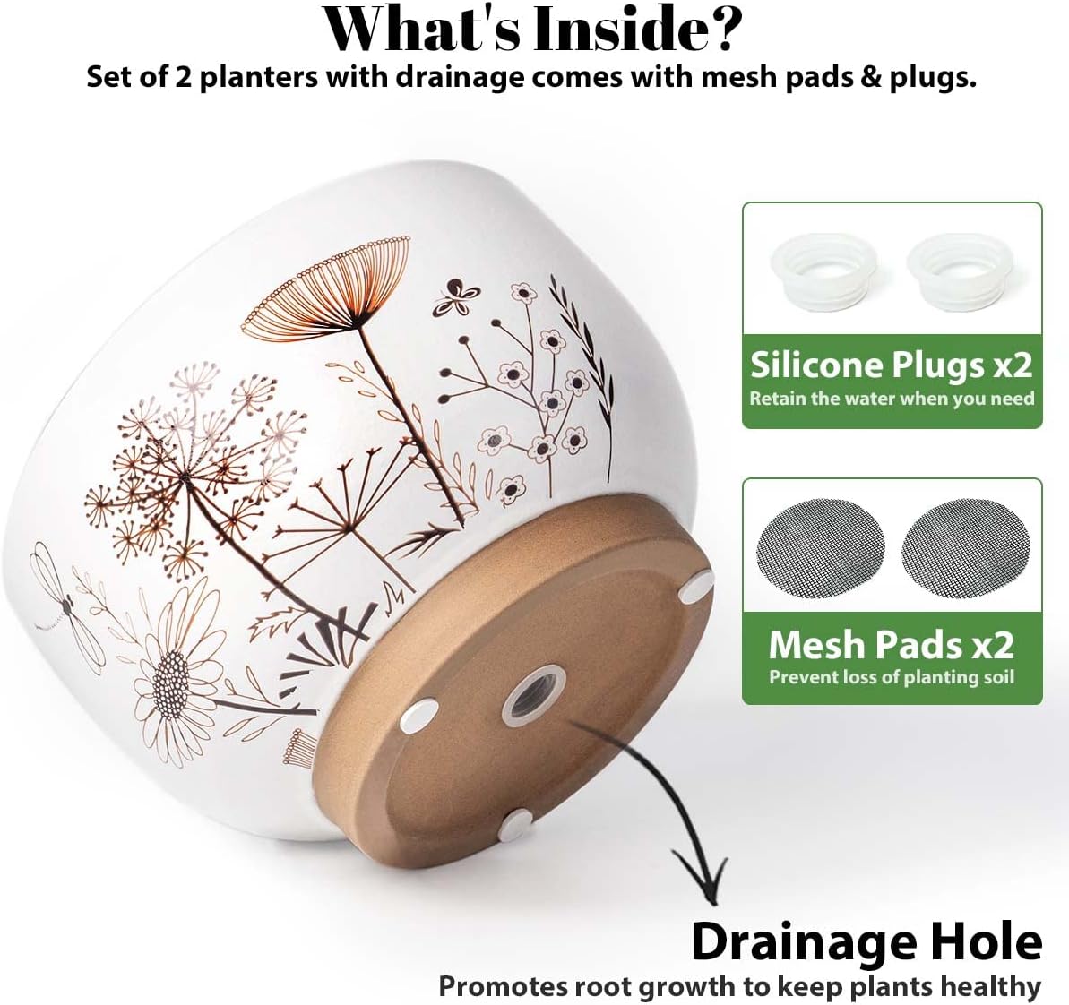 YBX 8 Inch + 6 Inch Ceramic Plant Pots, Succulent Flower Pots with Drainage Holes, Terracotta Planters for Indoor Plants, White&Terracotta (Garden)