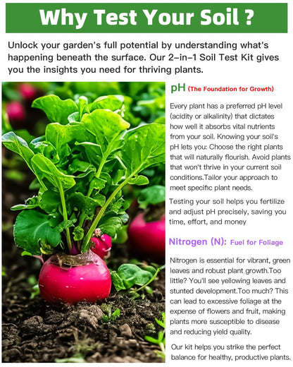 2-in-1 pH & Nitrogen Soil Test Kit, Home Soil Testing Kit for Lawns Gardening Grass Vegetables Nutrients, Soil pH Nitrogen Tester Strips Separately Sealed in Foils, Easy to Use, Rapid Results