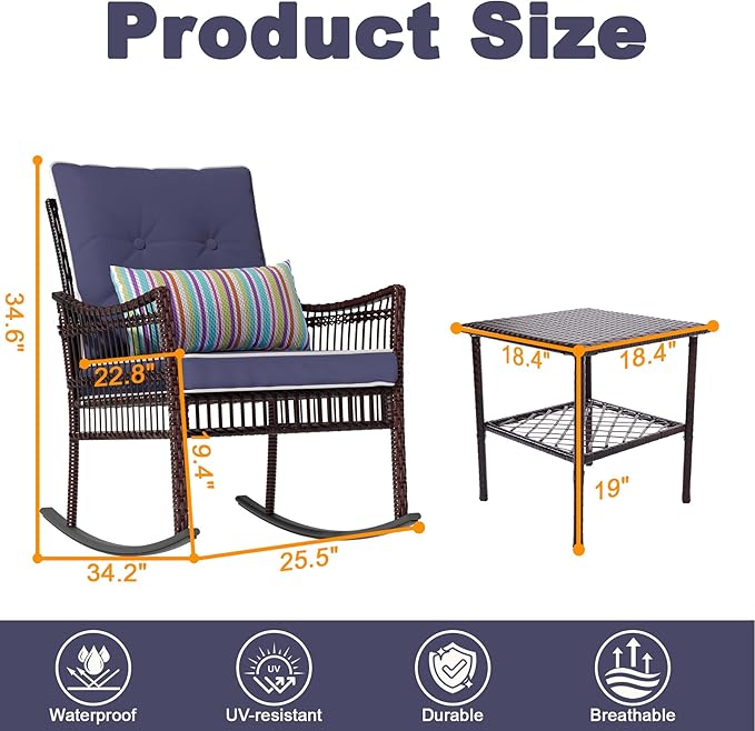DECMICO Outdoor Rocking Chairs 3 Pieces Patio Conversation Front Porch Furniture, Wicker Bistro Set with Coffee Table for Garden and Balcony (Brown Rattan Royal Blue Cushion)