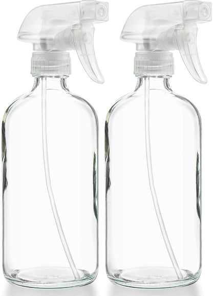 Sally's Organics® Empty Clear Glass Spray Bottles - Refillable 16 oz Containers for Essential Oils, Cleaning Products, Aromatherapy, Misting Plants, or Cooking - Sprayer with Mist and Stream - 2 Pack