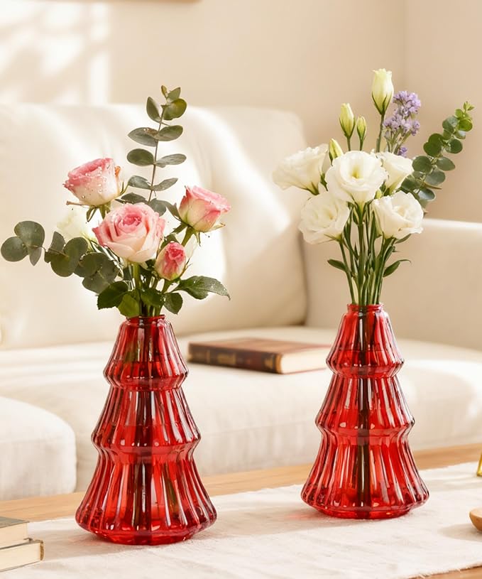 Nacome Christmas Tree Propagation Stations: 2PCS Plant Terrarium Glass Vases for Home Office Decor, for Plant Lovers Women Mom (Red)