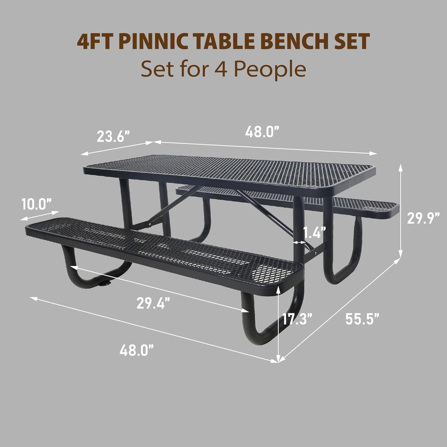 4FT Metal Picnic Tables for Outdoors, Commercial Rectangular Picnic Table and Bench Set for Outside, Patio, Garden, Backyard, Porch, Surface Mount, Black