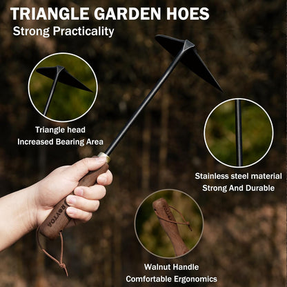 Triangle Hand Hoe, Heavy Duty Stainless Steel Weed Puller and Weed Remover Gardening Tool with Walnut Handle for Weeding, Soil Loosening and Cultivating