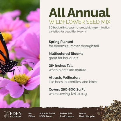 Eden Brothers All Annual Wildflower Mixed Seeds for Planting, 1/4 lb, 120,000+ Seeds with Sunflower, Indian Blanket, Scarlet Flax | Attracts Pollinators, Plant in Spring, Zones 3, 4, 5, 6, 7, 8, 9, 10