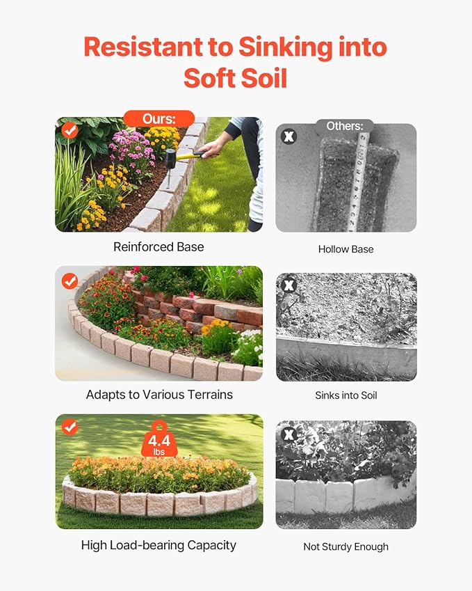 VEVOR Faux Stone Landscape Edging, No Dig Garden Edging Border, Flexible Blocks for Lawn Edging, Flower Beds, Driveway, Yards with 12 Spikes, 4 Pack 24 Bricks 16FT Kit, 46.9" Lx 4" W x 6" H, Beige