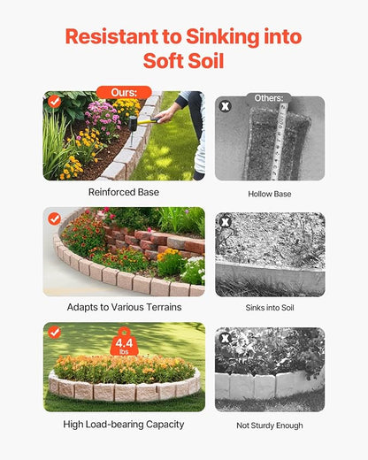 VEVOR Faux Stone Landscape Edging, No Dig Garden Edging Border, Flexible Blocks for Lawn Edging, Flower Beds, Driveway, Yards with 12 Spikes, 4 Pack 24 Bricks 16FT Kit, 46.9" Lx 4" W x 6" H, Beige