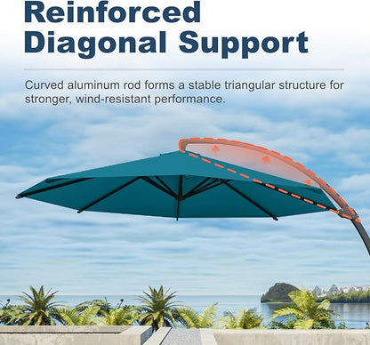 12FT Cantilever Umbrella with Base Large Curvy Outdoor Aluminum Offset Umbrella w/ 360° Rotation, UV Resistant Canopy for Patio, Garden, Backyard, Lake Blue