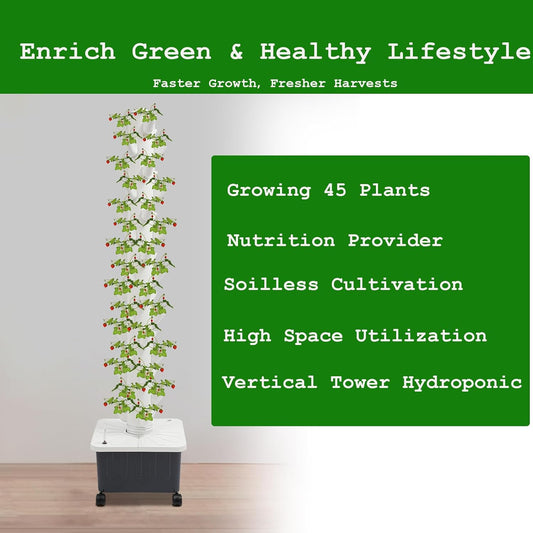 15-Tier Hydroponic Growing Tower, 45-Plant Vertical Garden Kit with Water Pump, Hydroponics Tower Growing System with 4 Wheels for Herbs, Vegetables, Strawberries (White)