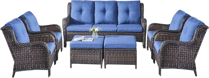 Rilyson Wicker Patio Furniture Set - 7 Piece Rattan Outdoor Sectional Conversation Sets with 1 Sofa,4 Armrest Chairs and 2 Ottomans for Porch Deck Garden(Brown/Blue)