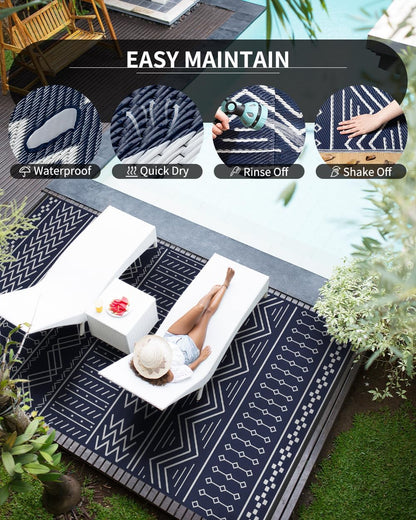 Outdoor Rug Carpet Waterproof 5x8 ft Patio Rug Mat Indoor Outdoor Area Rug for RV Camping Picnic Reversible Lightweight Plastic Straw Outside Rug for Patio Decor Decoration Boho Rug Navy Blue White