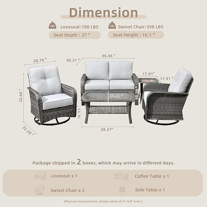 5 Pieces Patio Furniture Set,Outdoor Furniture with Rockers, Rattan Conversation Sets w/Coffee Table, Grey Wicker Light Grey Cushion