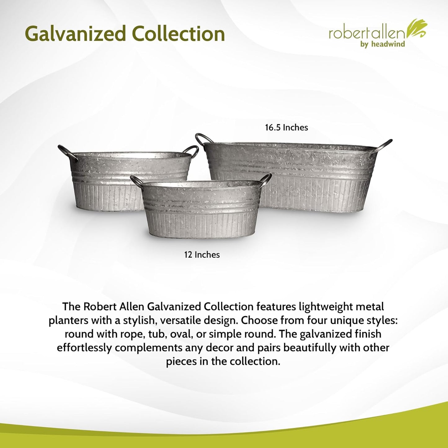 Headwind Oval Galvanized Tubs Planter with Handles – 24 Inch Lightweight Steel Indoor Oval Plant Pot with Drainage Holes – Large Galvanized Tub Flower Bucket – Outdoor Planter by Robert Allen
