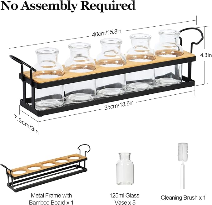 THYGIFTREE Plant Propagation Stations with Metal Stand, Tabletop Plant Terrarium for Propagating Hydroponic, Retro Glass Planter Flower Vase Home Kitchen Office Decor Gifts, 5 Jars