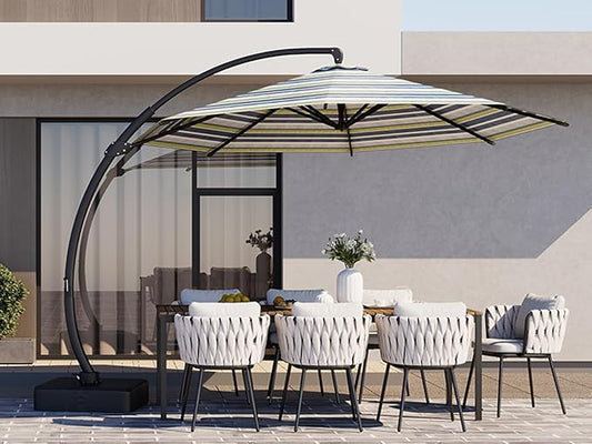 Kingdura 11ft Offset Cantilever Patio Umbrella with Base Included, Large Round Aluminum Outdoor Umbrella with 100% Acrylic Fabric, 360° Rotation & Infinite Tilt for Deck Pool Backyard, Green Stripes