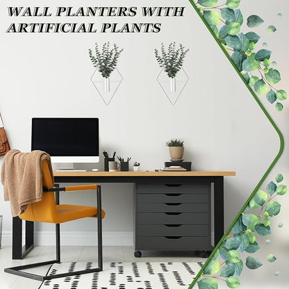 Jexine Hanging Planters with Artificial Eucalyptus Metal Hanging Vase Indoor Plants Holder Modern Geometric Boho Bathroom Wall Decor for Living Room Home Office(White,4 Pcs)