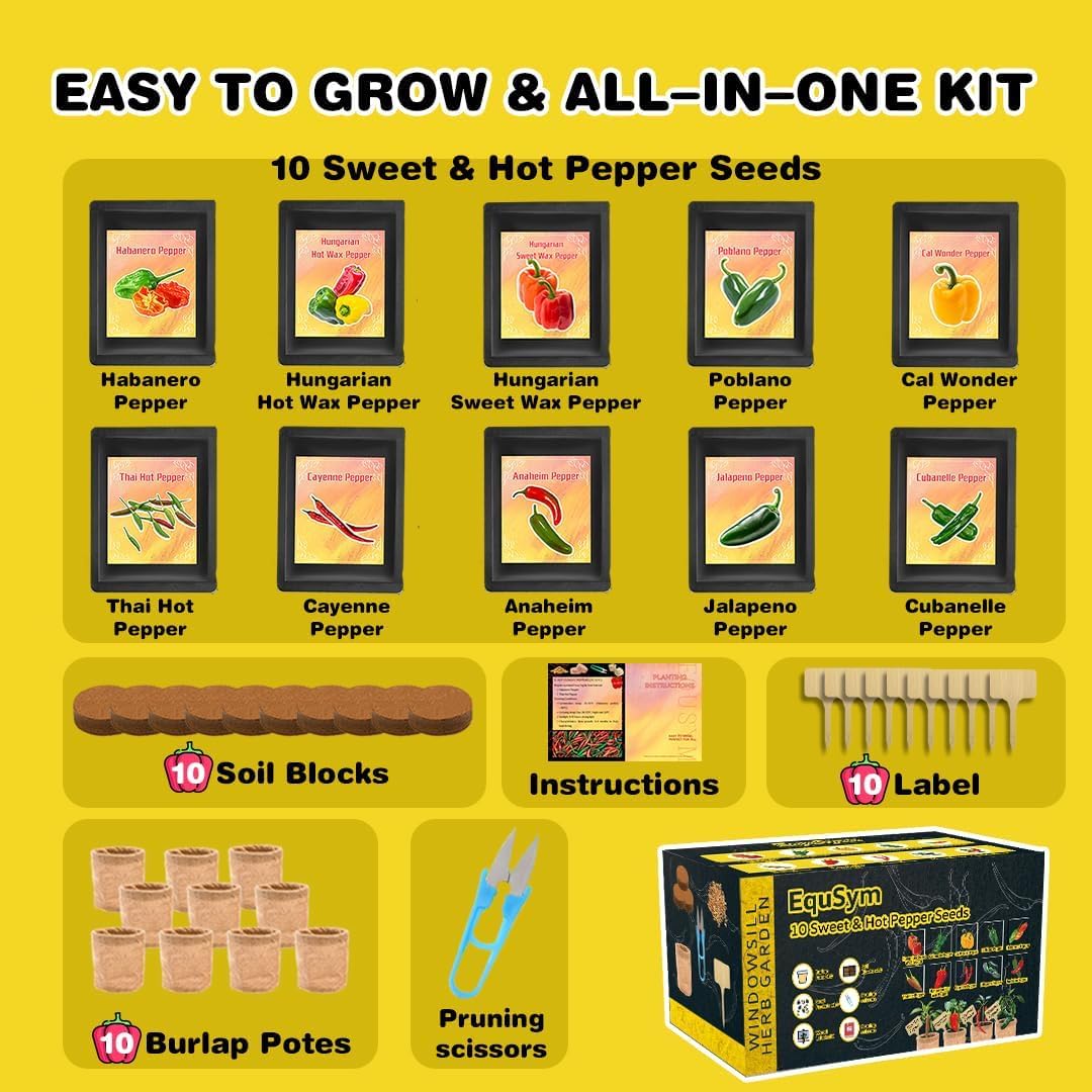 10 Pepper Seeds Window Garden Kit - Hot & Sweet Peppers Seeds for Indoor & Outdoor Planting, Gardening Gift for Kids, Moms, Women, Beginners, Complete Starter Kit Vegetable Garden Starter