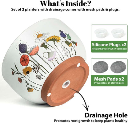 YBX 8 Inch & 6 Inch Terracotta Pots, Plant Pots Indoor, Flower Pots for Indoor Plants with Drainage, Planters with Floral Accent for Indoor Plants (French Country)