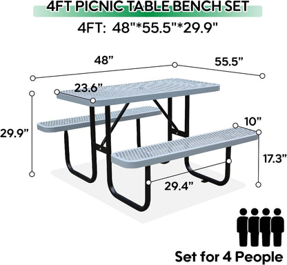 4FT Metal Picnic Tables for Outdoors, Commercial Rectangular Picnic Table and Bench Set for Outside, Patio, Garden, Backyard, Porch, Surface Mount, Grey