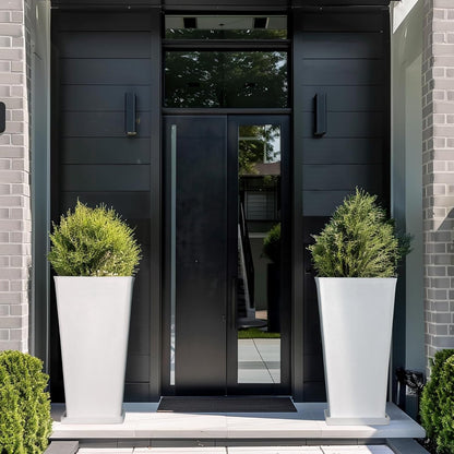LA JOLIE MUSE 26 inch White Tall Planters for Outdoor Plants,Set of 2 Large Planters for Indoor Plants,V Shaped Tree Planters for Front Door, 26'' White With Tray