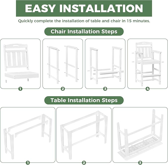 HDPE Outdoor Patio Bar Set with High Top Table and 2 Adirondack Chairs, All-Weather Bar Height Outside Rectangular Pub Furniture for Bistro, Garden, Backyard, Deck | 3-Pieces, White
