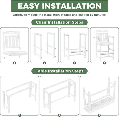 HDPE Outdoor Patio Bar Set with High Top Table and 2 Adirondack Chairs, All-Weather Bar Height Outside Rectangular Pub Furniture for Bistro, Garden, Backyard, Deck | 3-Pieces, White