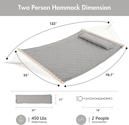 ANOW Heavy Duty Hammock with Spreader Bars and Detachable Pillow, 2 Person Hammock for Outdoors Indoors, 450 LBS Weight Capacity, Light Gray