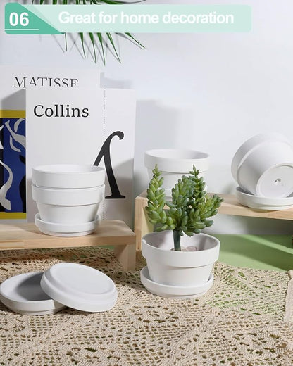 vensovo 4.5 Inch White Terracotta Shallow Succulent Pots - 6 Pack Terra Cotta Clay Pot with Saucer, Cacuts Indoor and Outdoor Planters with Drainage Hole