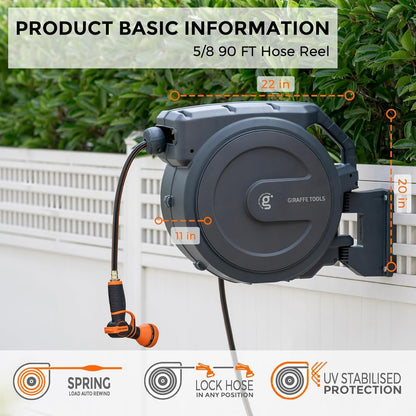 Giraffe Tools Retractable Hose Reel 5/8" x 90 ft Wall Mounted Garden Hose Reel Heavy Duty, Automatic Rewind, 180 Deg Swivel, Any Length Lock, 9 Pattern Nozzle, 90 ft, Dark Grey