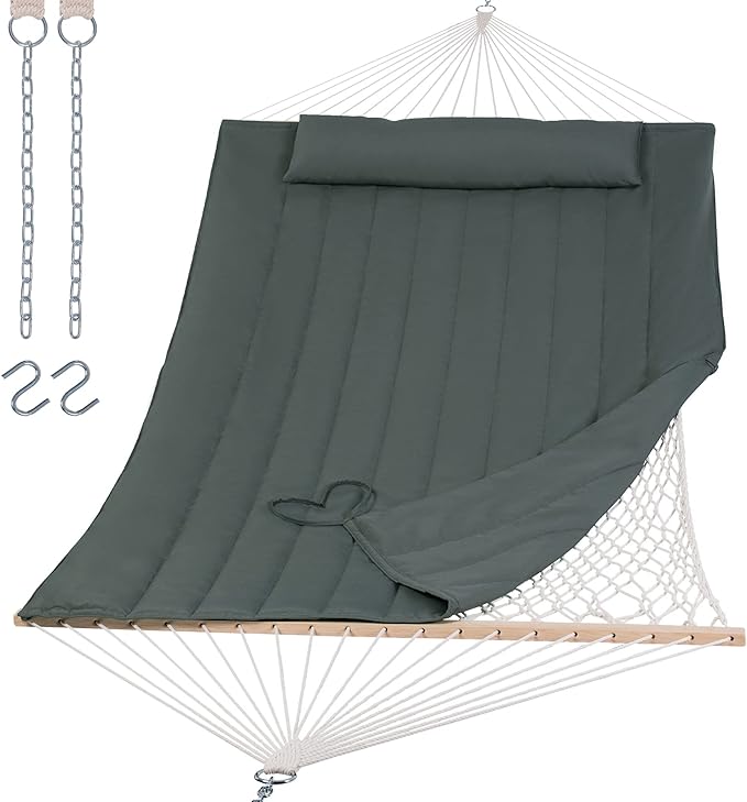 SUNCREAT Portable Double Rope Hammock with Pad, Two Person Tree Hammock for Garden, Backyard, Patio, Poolside, Gray Green