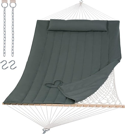 SUNCREAT Portable Double Rope Hammock with Pad, Two Person Tree Hammock for Garden, Backyard, Patio, Poolside, Gray Green
