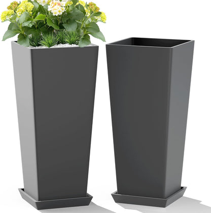 Set of 2 Tall Planters, 24" Large Indoor Outdoor Flower Pots with Tray, Modern Tapered Planters for Porch, Patio, Garden, Backyard