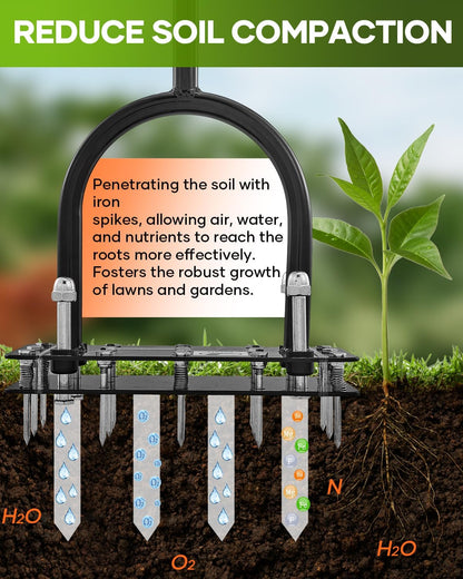 Saker Lawn Aerator Tool, Lawn Aerator with 15 Iron Spikes, Automatic Leaf and Dirt Cleaning with Spring-Loaded Design, Metal Manual Aerator for Loosening Soil Aerating Patio, Yard, Garden Orange