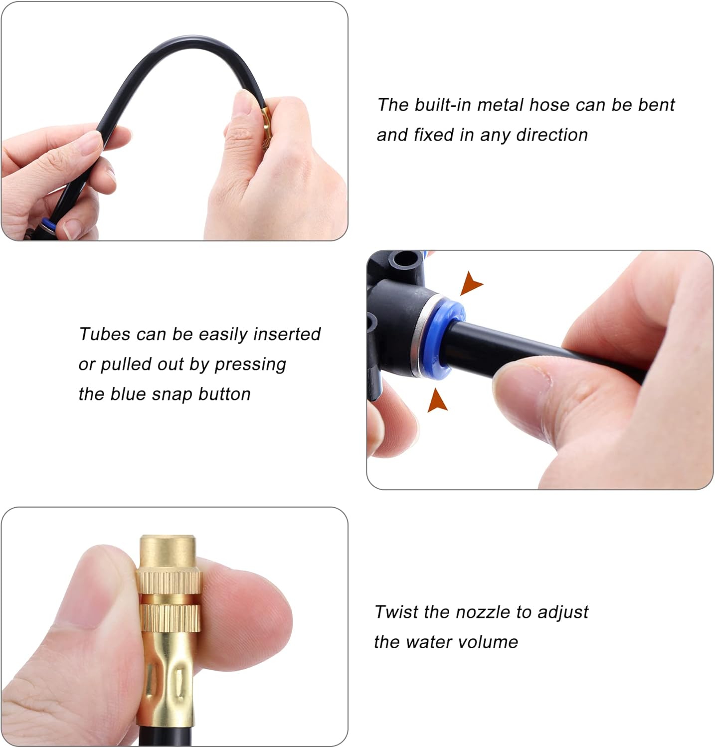 Mornajina 5Packs Brass Misting Nozzles Tee with 8inch Built in Hose for Outdoor Cooling System, Adjustable 360° Rotation, Water Mister Nozzles Thread Sprayer 0.043" (1.1 mm)