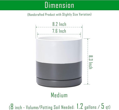 D'vine Dev Set of 2 Plants Pots, 8.2 Inch Ceramic Planter Pot for Plants with Drainage Hole and Saucer, White/Speckled Grey, 94-V-D-6