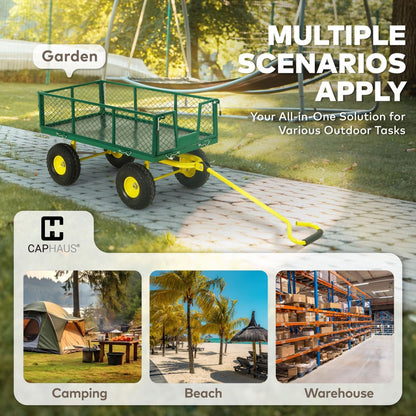 CAPHAUS Metal Green Garden Cart, w/ 180° Adjustable Yellow Handle, w/Mat and Strap, Heavy Duty 880 lbs Capacity, w/ 10” Flat-Free Tires, Sides Removable, Utility Wagon, Yard Cart, for Garden, Farm