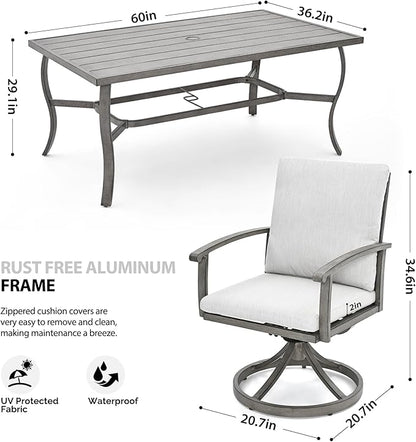 HAPPATIO 7 Piece Patio Swivel Dining Set, Aluminum Outdoor Dining Set for 6,Dining Table and Chairs Set, Patio Dining Furniture with Aluminum Table, Swivel Chairs and Washable Cushions (Gray)
