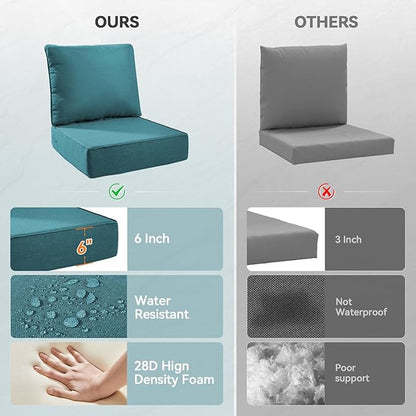 Luxury 6" Outdoor Cushions for Patio Furniture, 24x24x6" Thick Seat Cushion Set of 2, Fade Resistant Couch Chair Replacement Cushions High Density Deep Wicker Chair Cushion w/ Removable Cover, Green