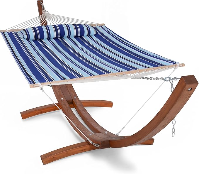 SUNCREAT Hammocks 2 Person Hammock with Stand, Portable Patio Hammock with 13.5 ft Wooden Stand, Blue Stripes