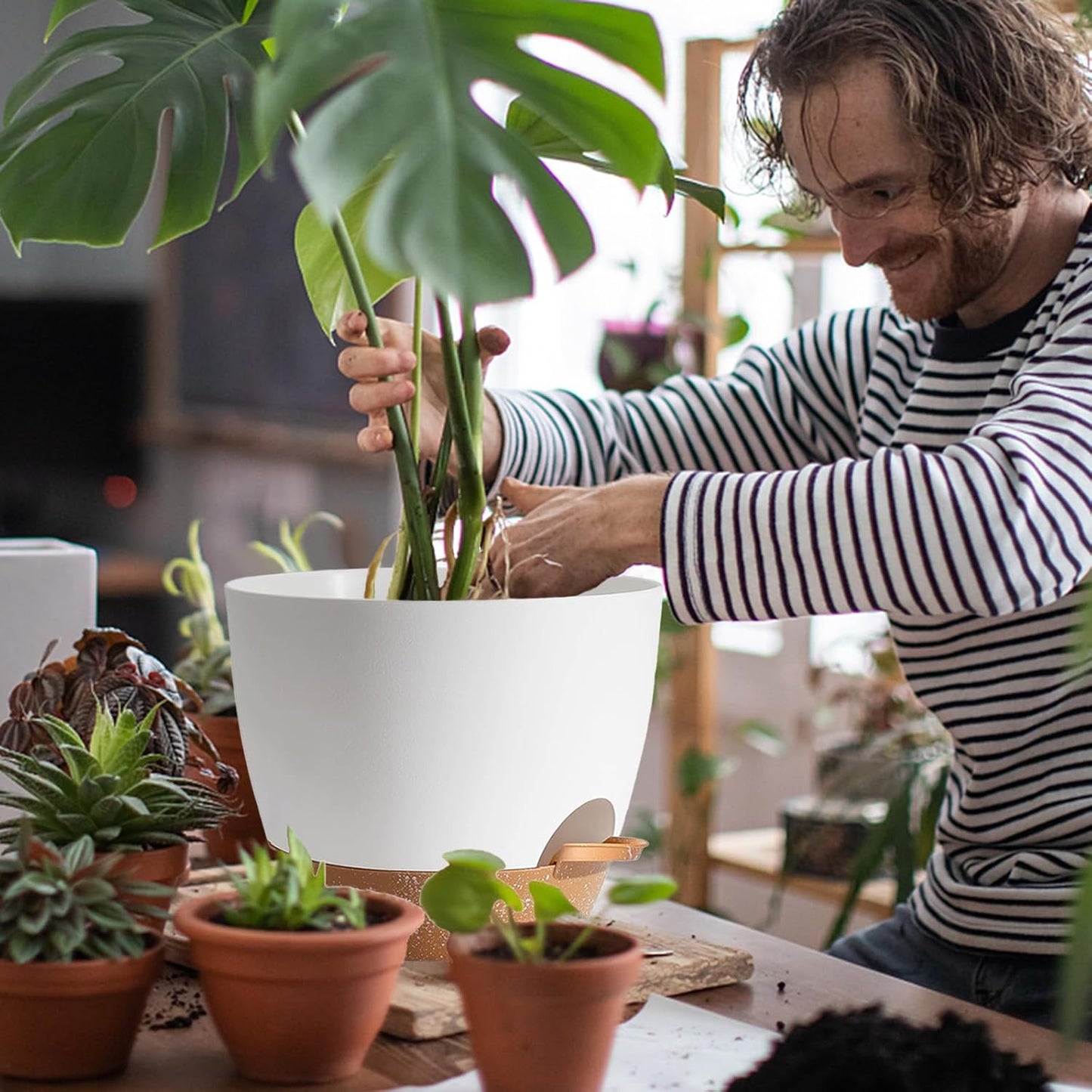 Plant Pots,12+10+9 Inch Self Watering Pots with Drainage Hole for Indoor Plants Large Flower Pot, Plants Pots Indoor Outdoor,Modern White Plastic Planters for Indoor Plants