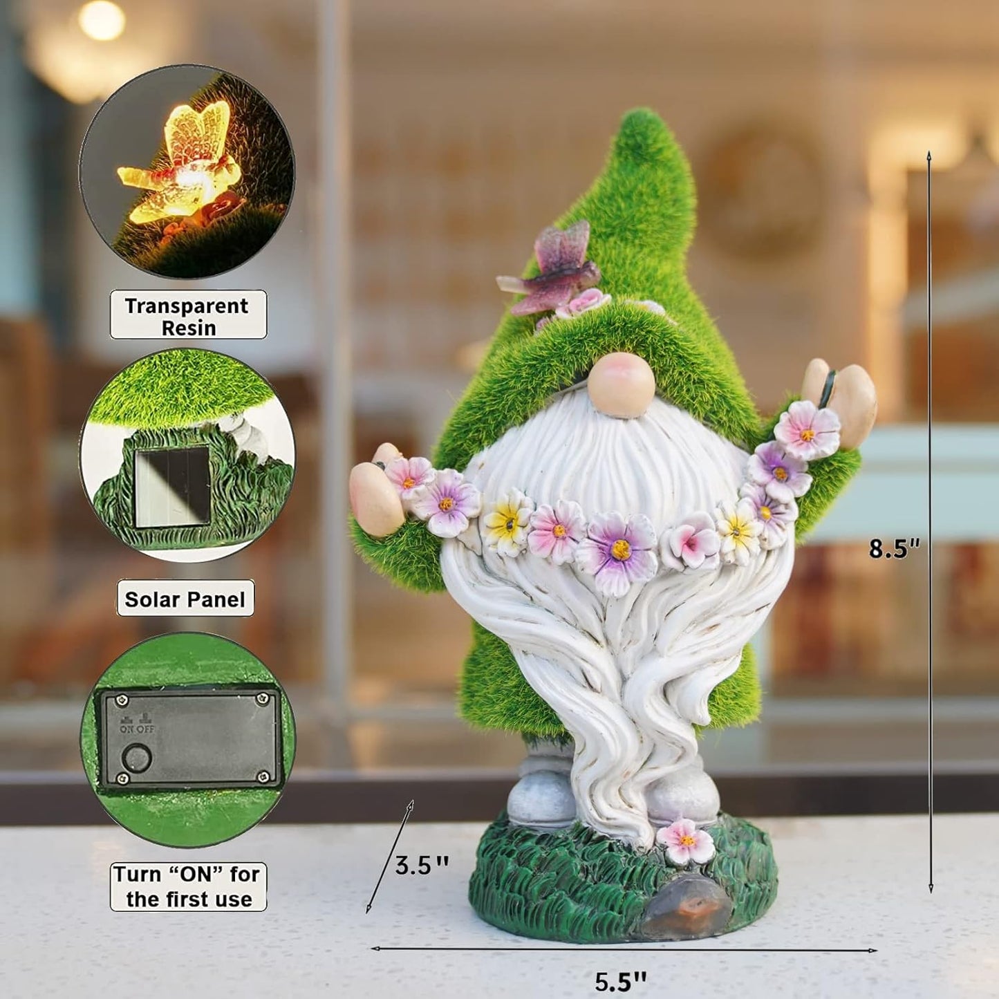 Garden Flocked Gnomes Decor for Yard - Artificial Green Moss Gnome Statue with Solar Light, Dwarf Sculpture for Outdoor Patio Porch Lawn Decor, Spring Decorations for Home