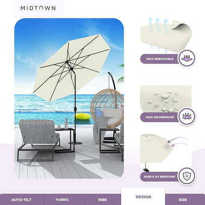 Midtown Umbrellas The Lean 8 Feet Outdoor Umbrella With Sunbrella Canvas Natural Acrylic Fabric - 8 Ribs Aluminum Frame Patio Umbrella With Zinc Alloy Crank Lift And Auto-Tilt System