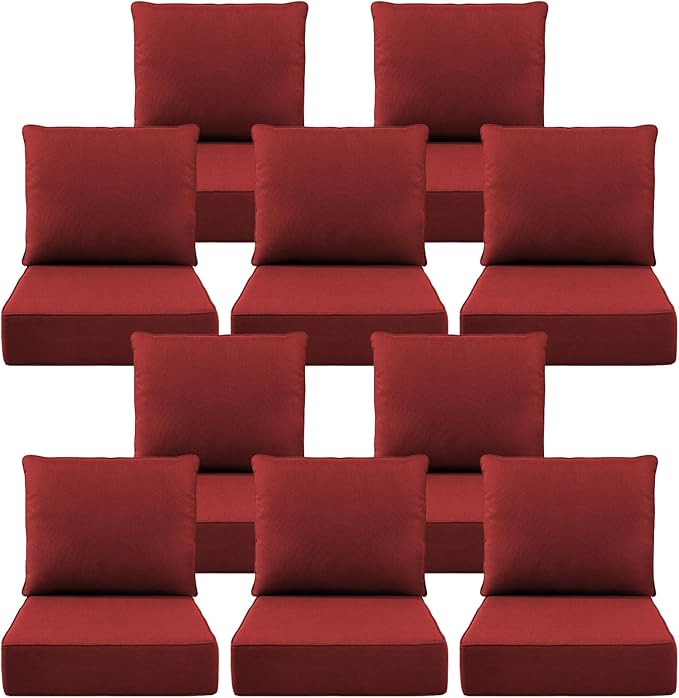 Luxury 6" Outdoor Cushions for Patio Furniture, 24x24x6" Thick Seat Cushion Set of 10, Fade Resistant Couch Chair Replacement Cushions High Density Deep Wicker Chair Cushion w/ Removable Cover, Red