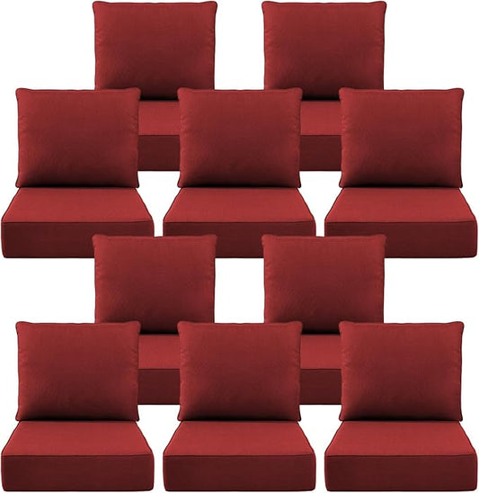 Luxury 6" Outdoor Cushions for Patio Furniture, 24x24x6" Thick Seat Cushion Set of 10, Fade Resistant Couch Chair Replacement Cushions High Density Deep Wicker Chair Cushion w/ Removable Cover, Red