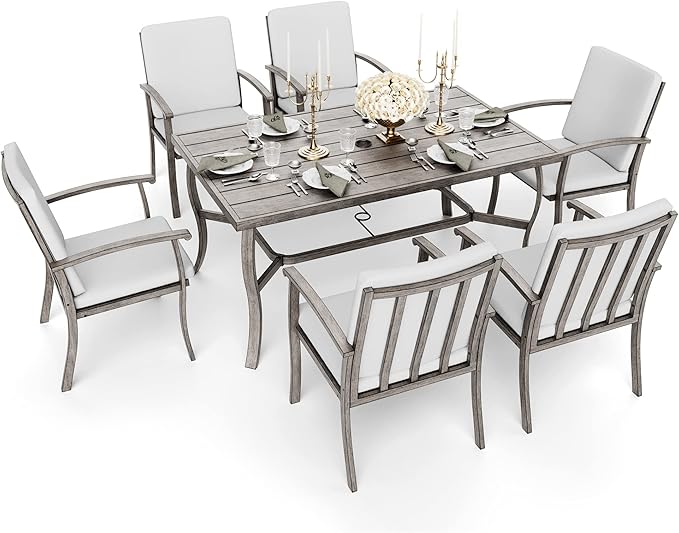 HAPPATIO 7 Piece Patio Dining Set, Aluminum Outdoor Dining Set for 6, Aluminum Dining Table and Chairs Set, Patio Furniture with Table, Chairs and Washable Cushions (Gray)