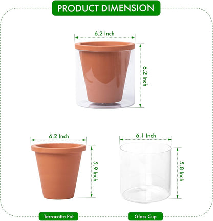 D'vine Dev 6 Inch Design Self Watering Pot for Indoor Plants, Terracotta Planter with Cylinder Glass Cup, Set of 2, 37-Y-B-1