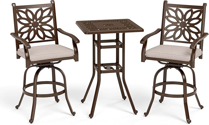 Sophia & William 3 Pieces Cast Aluminum Patio Bar Set, Square Outdoor Bar Table and 2 Swivel Bar Counter Height Chairs Set, Modern Patio Pub Bistro Set with Outdoor Stools