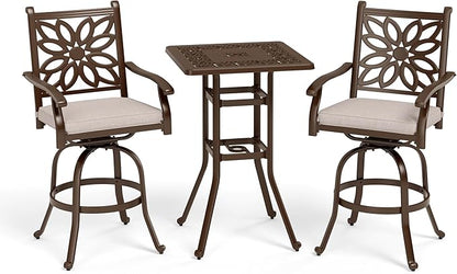 Sophia & William 3 Pieces Cast Aluminum Patio Bar Set, Square Outdoor Bar Table and 2 Swivel Bar Counter Height Chairs Set, Modern Patio Pub Bistro Set with Outdoor Stools