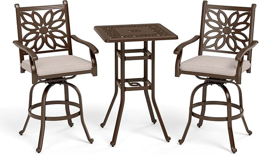 Sophia & William 3 Pieces Cast Aluminum Patio Bar Set, Square Outdoor Bar Table and 2 Swivel Bar Counter Height Chairs Set, Modern Patio Pub Bistro Set with Outdoor Stools